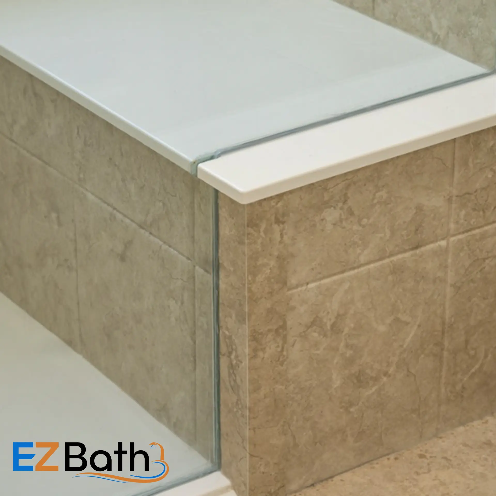 Tub to shower conversion using solid surface white subway wall panels.