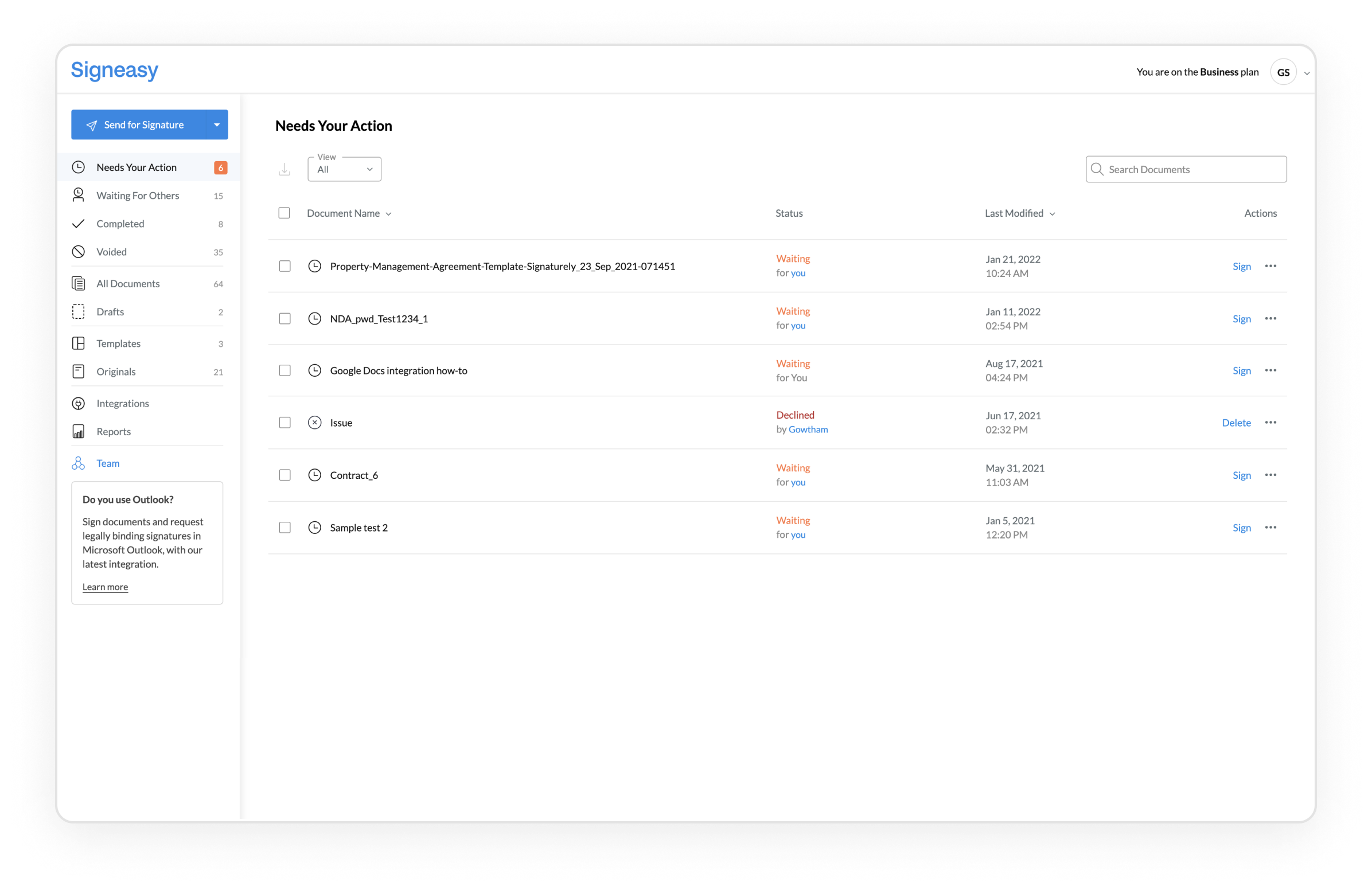 Signeasy Features eSign, Send, Manage and Track with Signeasy