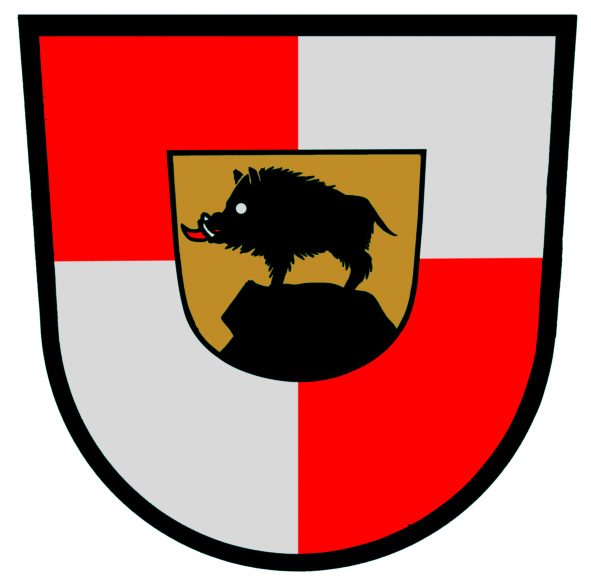 Wappen von Ebertein: Hauptschild geviert von Rot und Silber; Mittelschild in Gold; auf schwarzen Felsen ein nach rechts gewandter schwarzer, silbern bewehrter, rot bezungter Eber.
