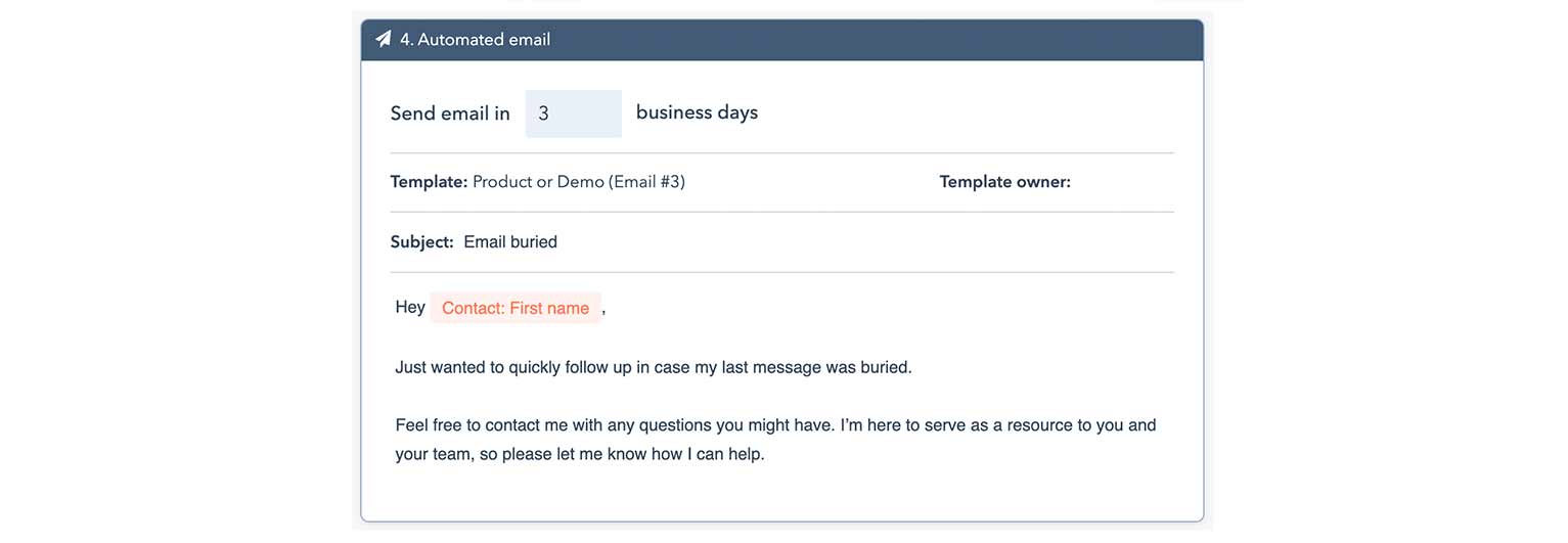 Third customizable email in a HubSpot automated sequence template for product or demo request.