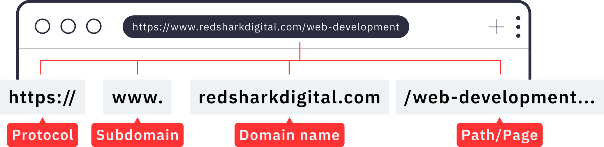 A search bar with Red Shark Digital's website development URL is broken out by protocol, subdomain, domain name, and URL path.