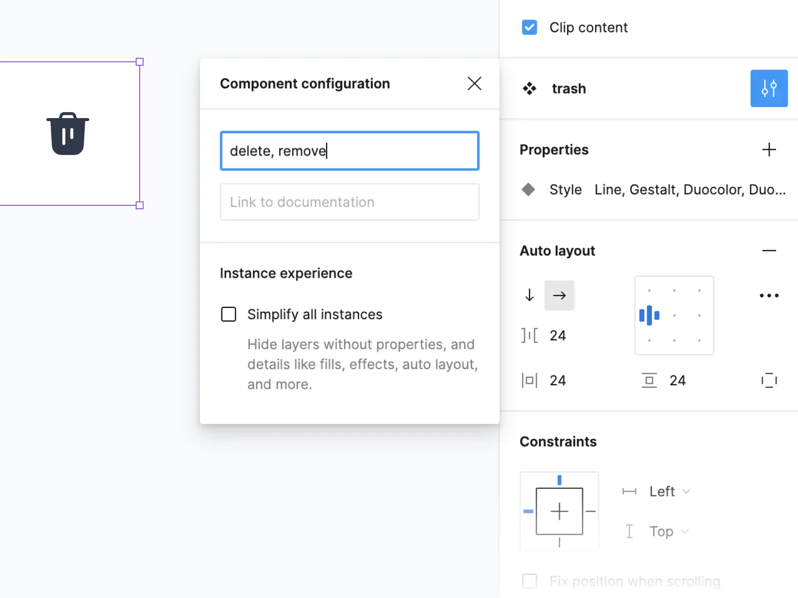 Figma panel for adding a description of a component, which allows you to add additional tags for icons, which makes it easier to find the right icons