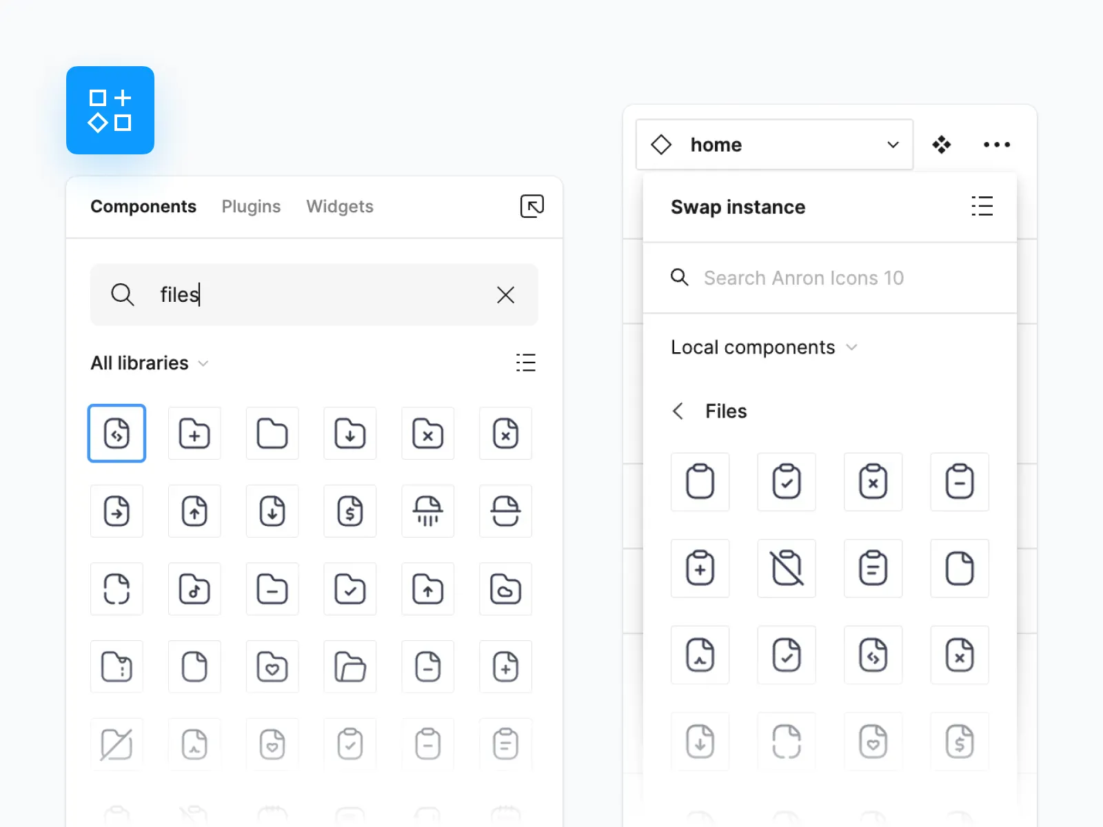 2 Figma panels that allow you to switch the style of icons while saving the selected style