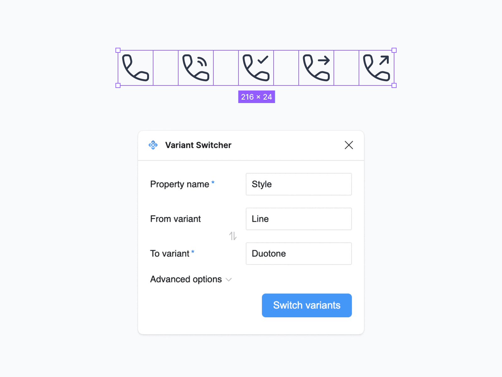 Switching the icons style using the Figma plugin called "Variants Switcher"