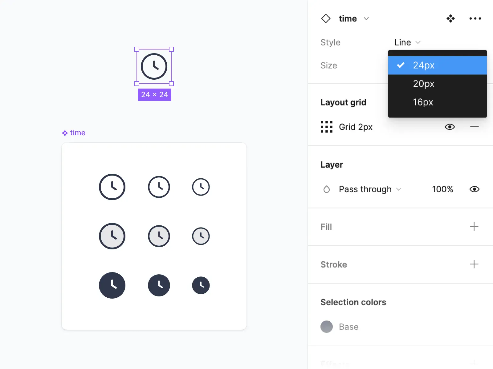 9 Figma icons grouped in a single container with the ability to switch the size and style through a simple dropdown