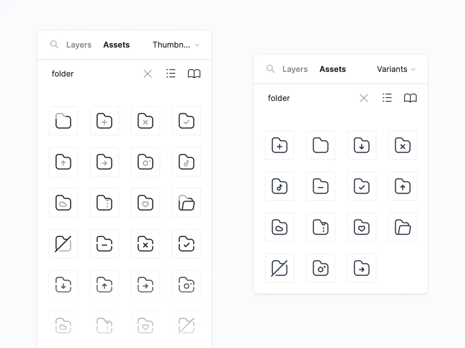 2 Figma panels showing the difference in icon search results before and after using variants