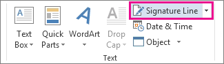 Highlight of Signature Line in Microsoft Word ribbon to insert signature in Word