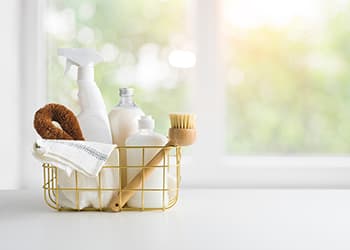 Basket of kitchen cleaning products