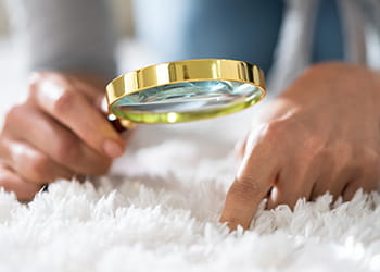 Someone holding a magnifying glass looking at a carpet