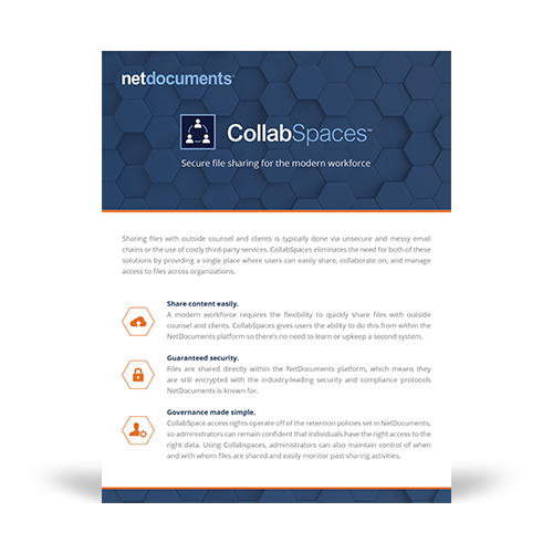 Gráfico del folleto del producto que cubre el complemento de tecnología NetDocuments CollabSpaces para la solución Deliver