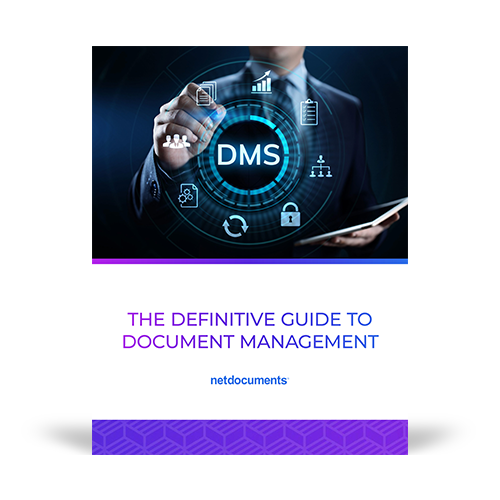 Product brochure graphic with a man in a suit touching a futuristic screen with the pdf brochure topic covering NetDocuments' Document Management System.