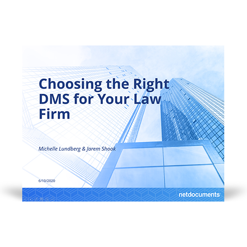 Graphic for the webinar discussing choosing the right dms for a law firm; a skyscraper towers over the title of the webinar.