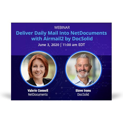 Webinar graphic hosted by NetDocuments and DocSolid discussing Airmail2 delivery software