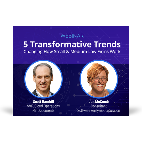 Graphic for the webinar event hosted by Scott Barnhill of NetDocuments and Jen McComb of Software Analysis Corporation discuss moving to the cloud.