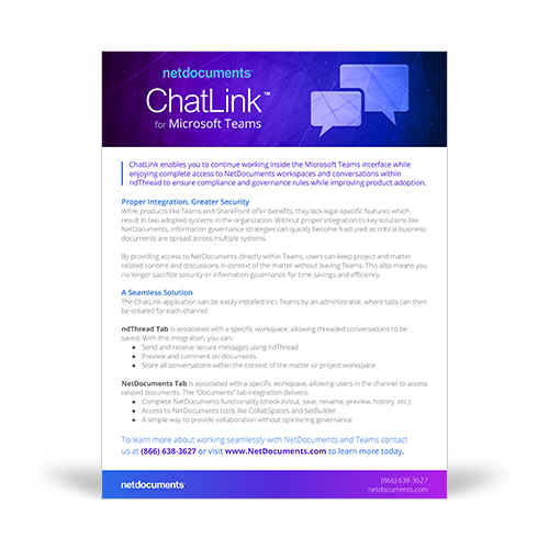 Gráfico do folheto do produto cobrindo o complemento de tecnologia NetDocuments Chatlink para Microsoft Teams sob o Plano de Solução