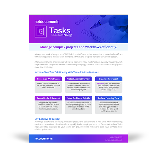 Gráfico para el folleto del producto de las tareas incluidas en la solución del plan de NetDocuments.