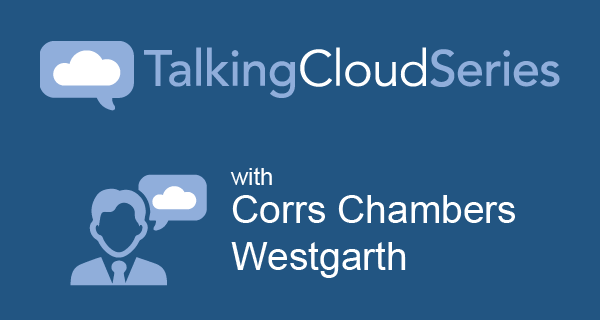 Graphic with two cloud icons and a person icon with the title of the interview overlayed.