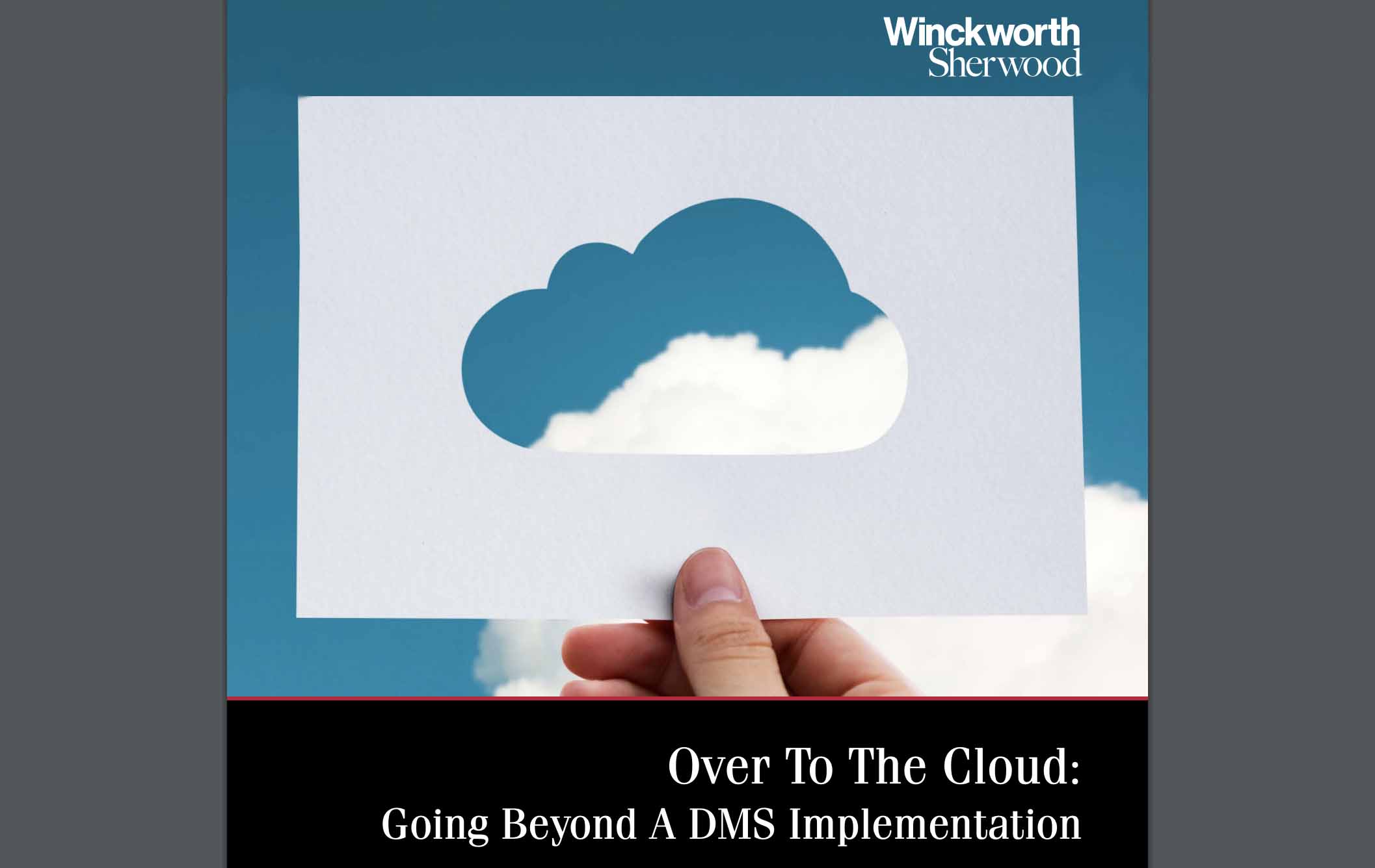 Gráfico de una persona que sostiene un recorte de papel de nube con nubes detrás y el nombre de la empresa Winkworth Sherwood.