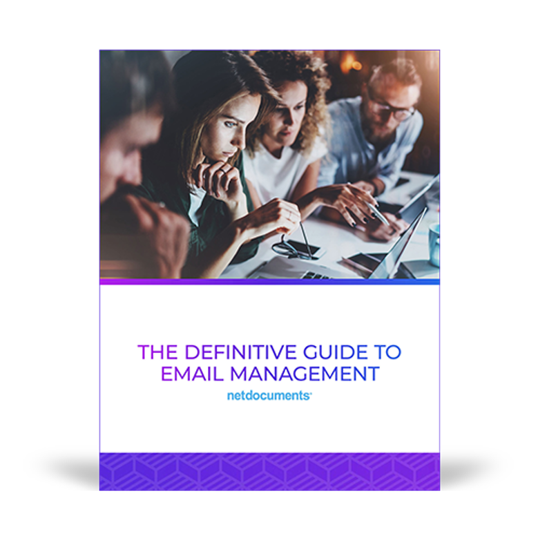 Graphic of the whitepaper for NetDocuments Email Management System; group of people smile while pointing to computer screen.