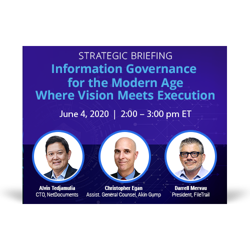 Graphic for webinar event hosted by Alvin Tedjamulia from NetDocuments, Christopher Egan from Akin Gump, and Darrell Mervau from FileTrail