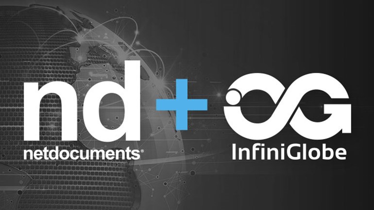 Logotipos de NetDocuments e InfiniGlobe superpuestos en una imagen de la Tierra.