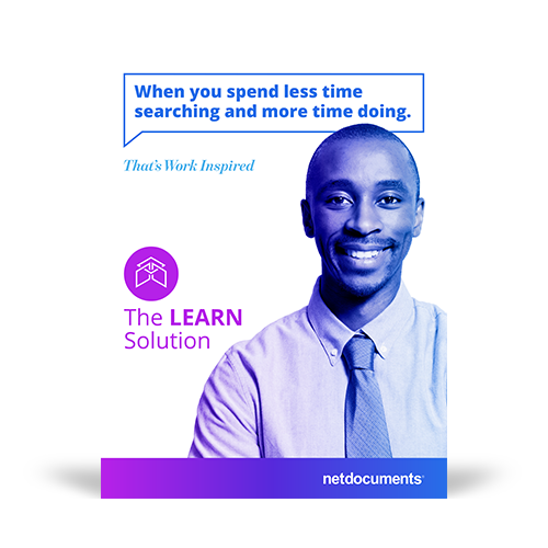 Graphic for NetDocuments' Learn Solution with a man smiling on the cover