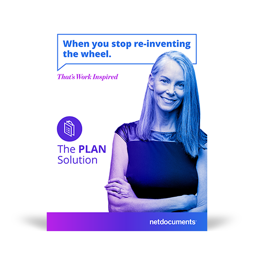 Product brochure graphic with a woman smiling and arms crossed with the pdf brochure covering NetDocuments Plan Solution