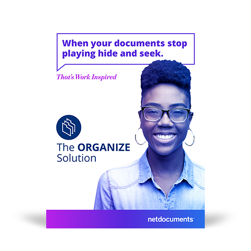 Product brochure graphic with a woman smiling and the pdf brochure topic covering the NetDocuments' Organize Solution.