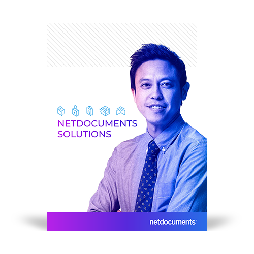 Product brochure graphic with a man in a suit smiling and the topic of the pdf brochure graphic covers all NetDocuments Solutions.