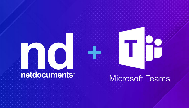 Os logotipos NetDocuments e Microsoft Teams sobrepostos em um gradiente de azul a roxo.