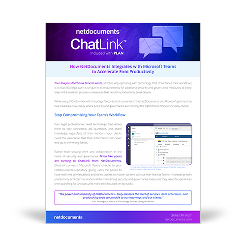 Product brochure graphic covering the NetDocuments and Microsoft Teams Integration under the Plan Solution