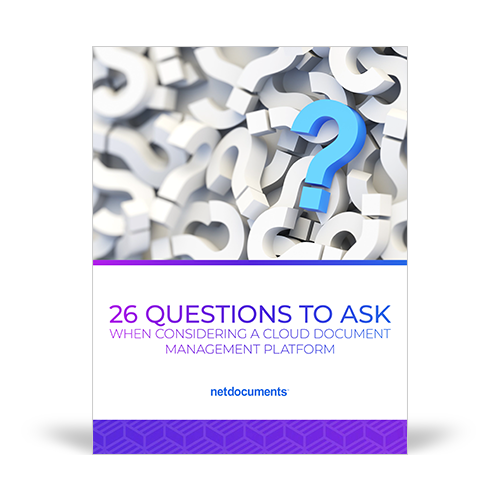 Graphic for the guide covering 26 questions law firms should ask about their next dms; a pile of 3d question marks sits above the title of the guide's title