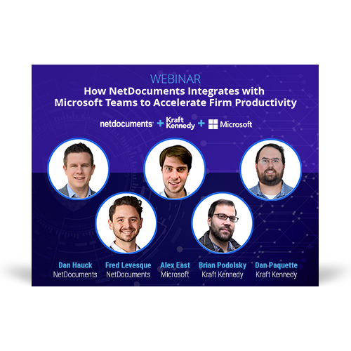 Graphic for webinar event with NetDocuments, Kraft Kennedy, and Microsoft discussing law firm productivity.