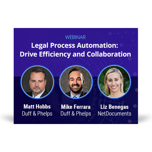 Gráfico de evento de webinar com Liz Benegas da NetDocuments e Matt Hobbs e Mike Ferrara da Duff & Phelps