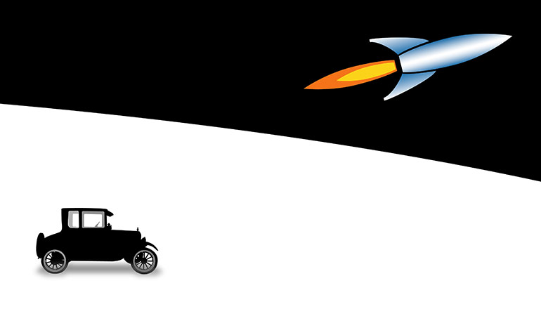 Graphic with a rocket ship and old Ford Model-T illustrations on the cover.