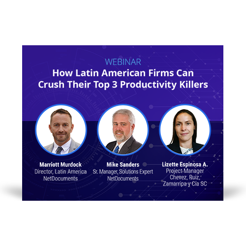 Graphic for webinar event hosted by NetDocuments covering productivity killers in the Latin American region.