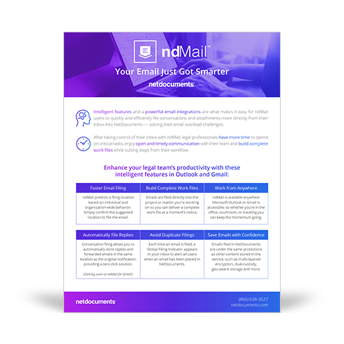 Product brochure graphic covering NetDocuments' ndMail.