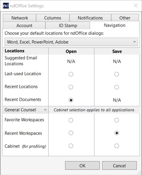 Captura de tela das configurações do ndOffice no sistema operacional Windows