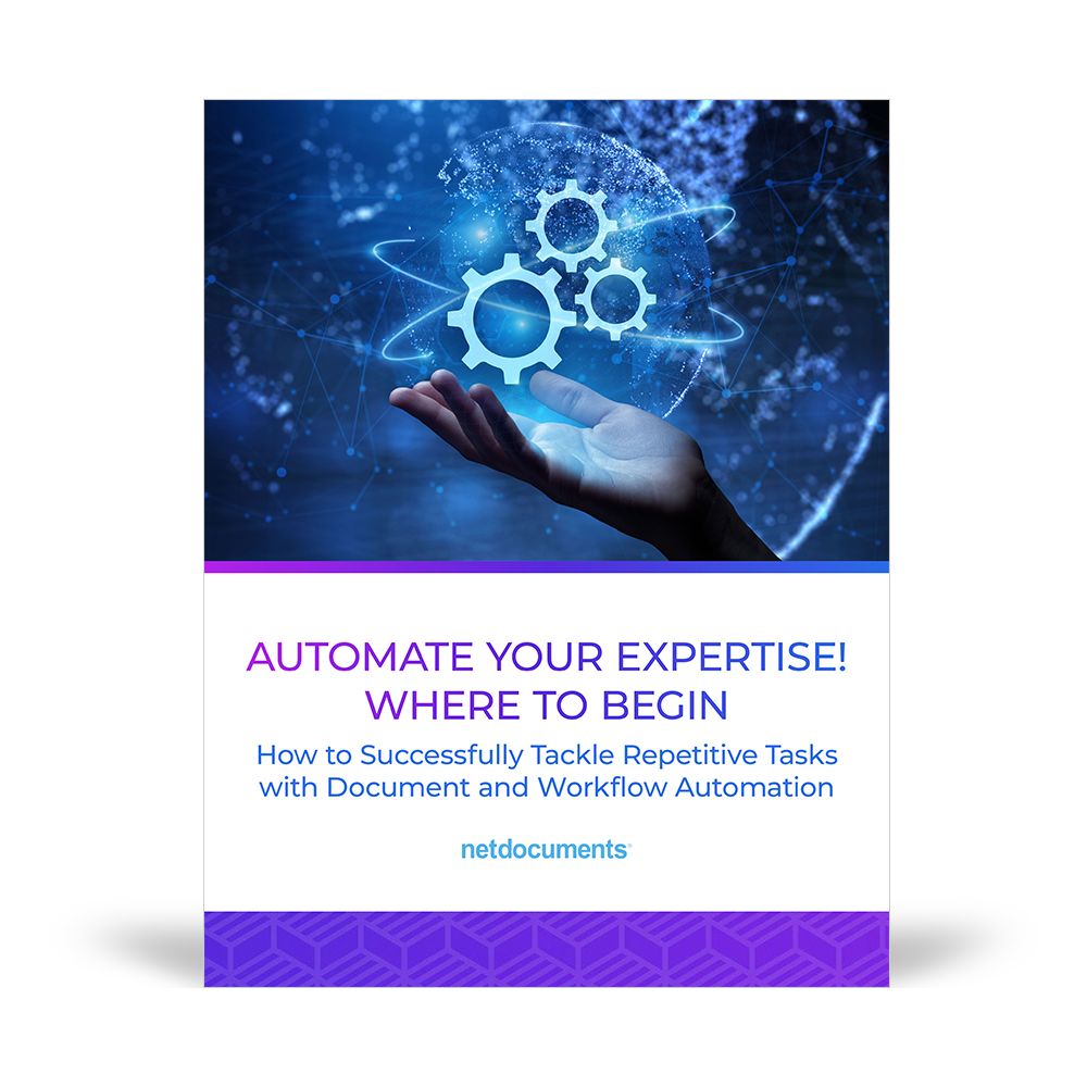 Gráfico para whitepaper feito e lançado pela NetDocuments discutindo automação no local de trabalho. Uma pessoa estende a mão com três engrenagens pairando acima, indicando automação.