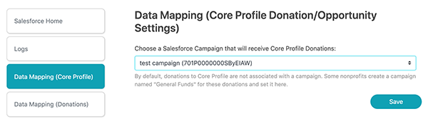 Screenshot of Data Mapping (Core Profile Donation/Opportunity Settings)