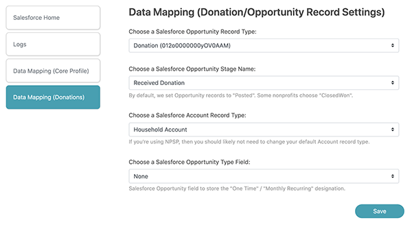 Screenshot of Data Mapping (Donation/Opportunity Record Settings)