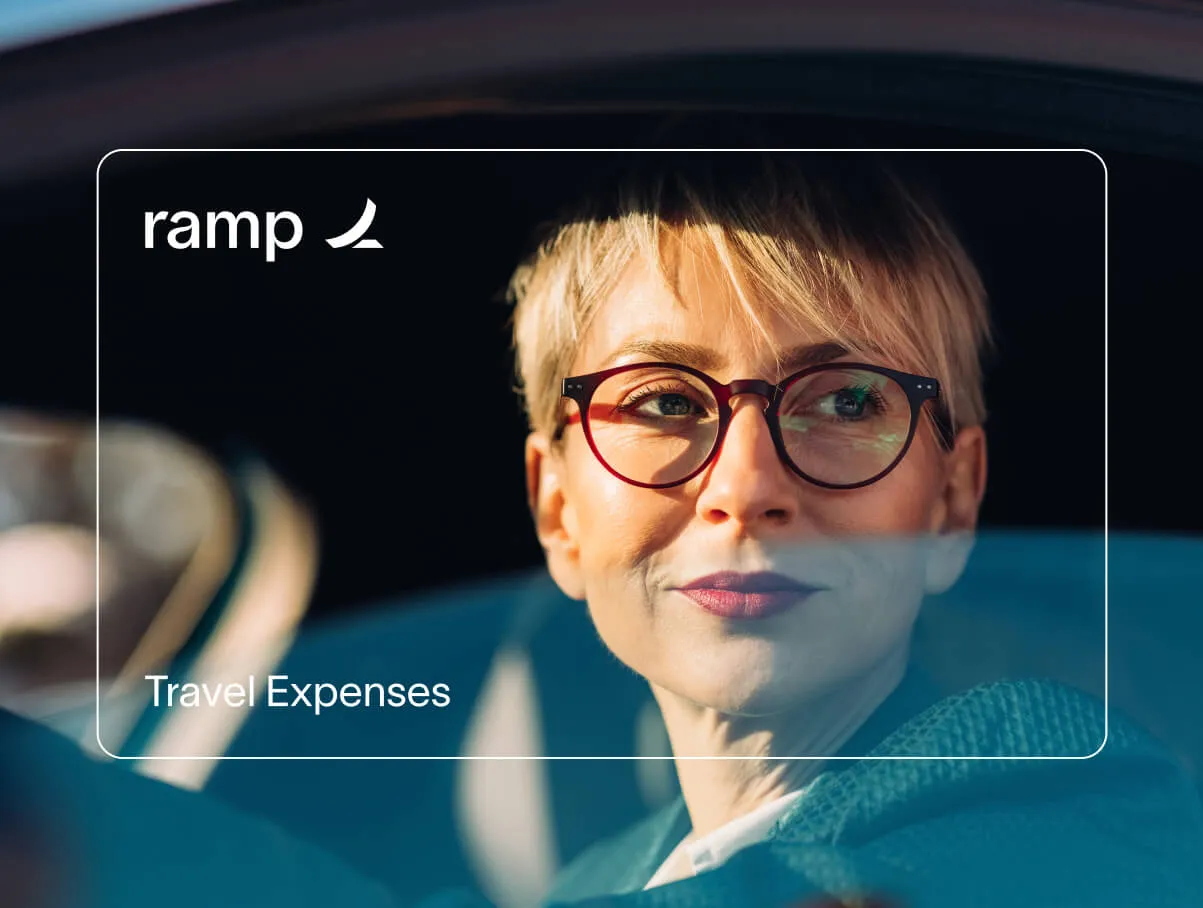 The silhouette of a Ramp card for 'Restaurants' frames a woman sitting in a restaurant and smiling into the distance.