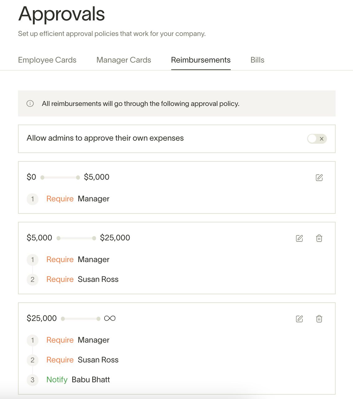 Example reimbursement approval flow in Ramp