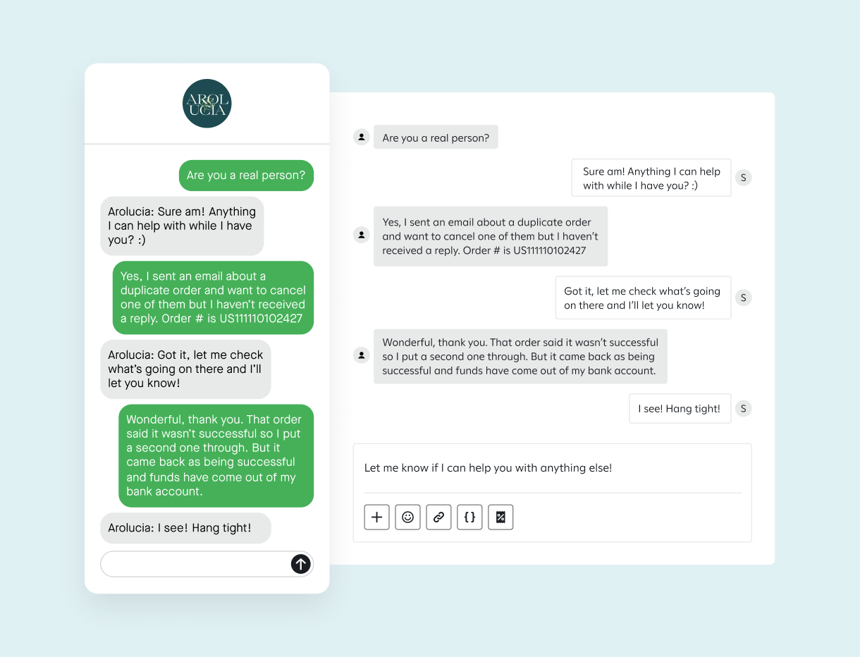 An image showcasing a concierge conversation side by side with a phone mockup and a product screenshot.