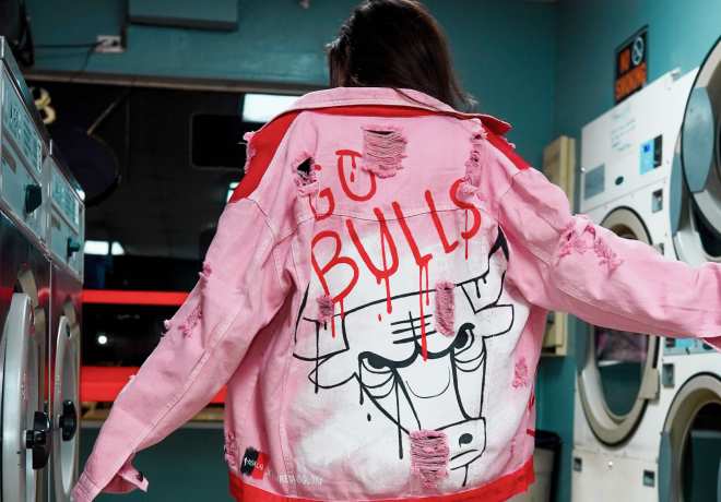 Girl in pink jean jacket