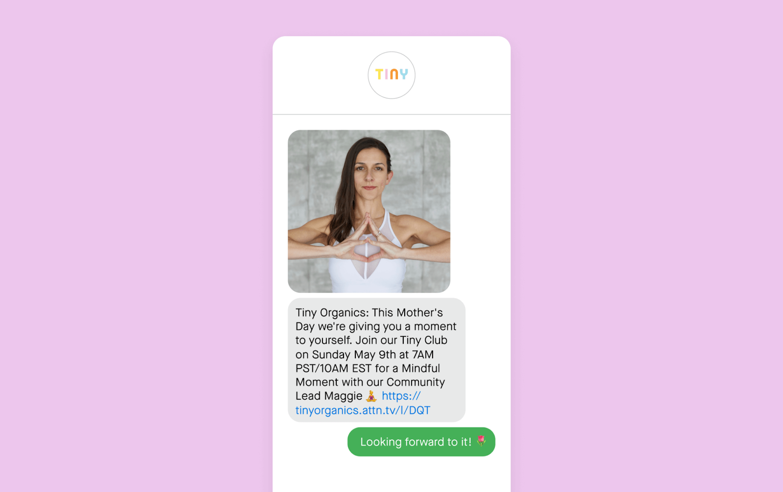 Mother's Day text message example from Tiny Organics