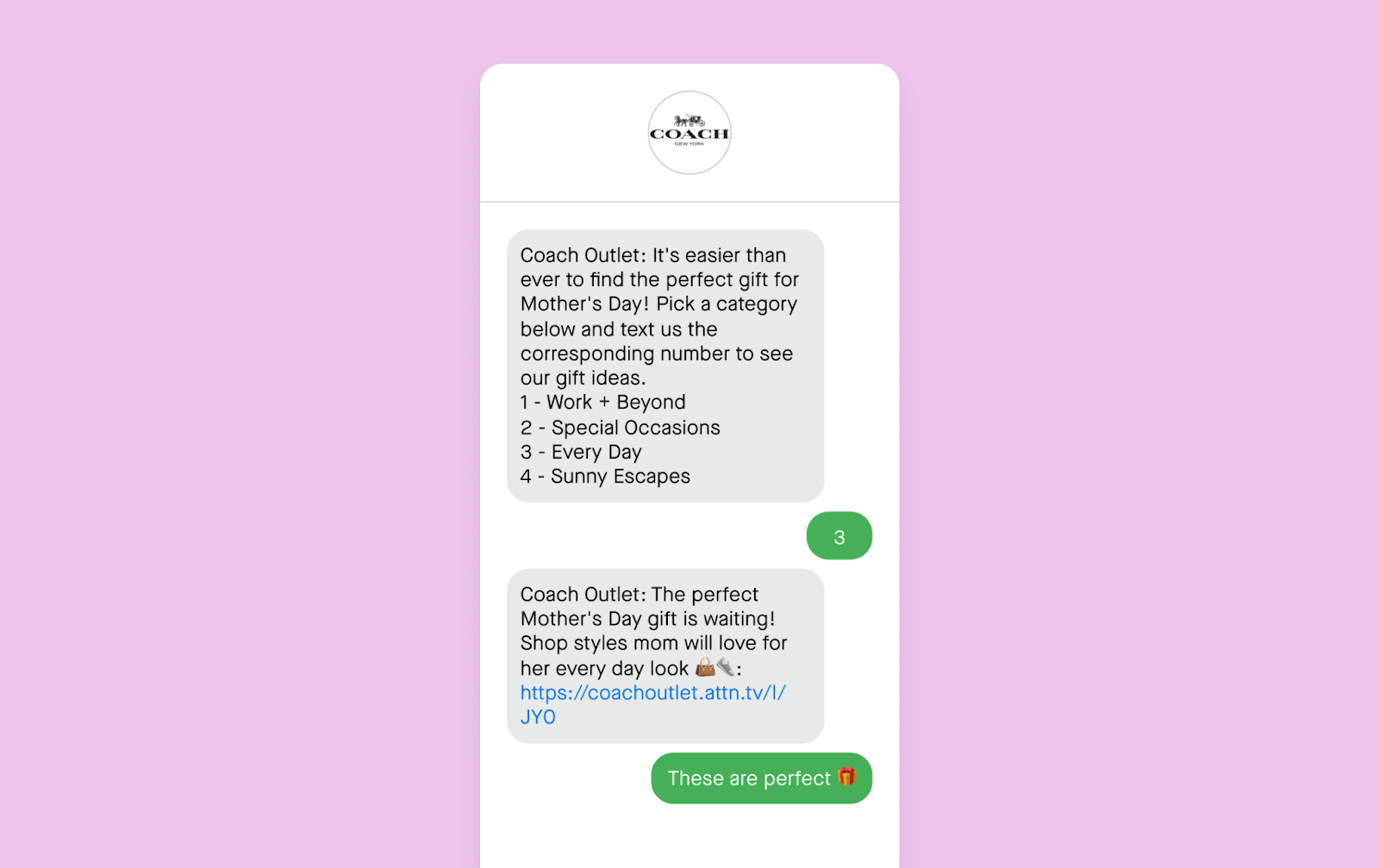 Mother's Day text message example from Coach Outlet