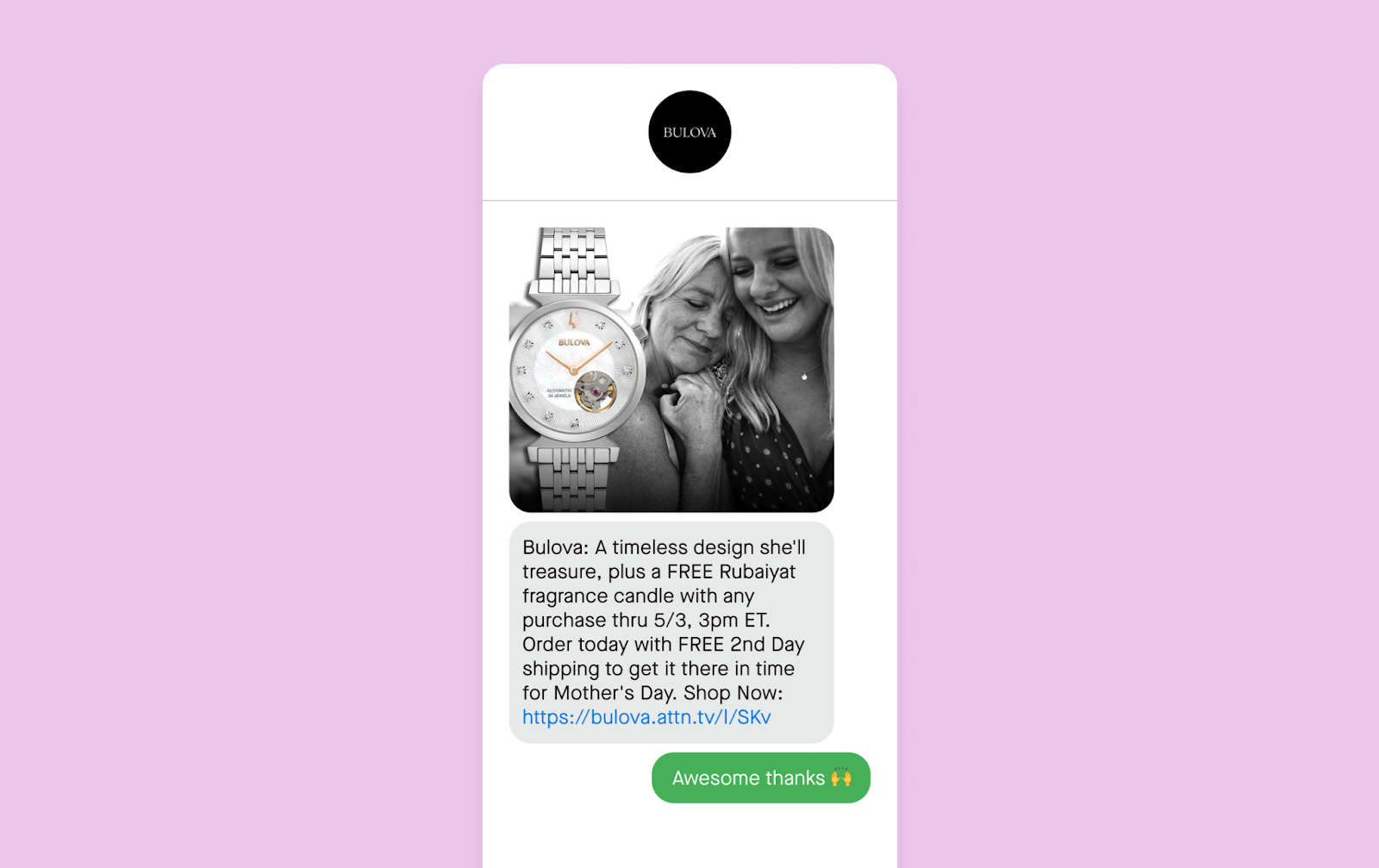Mother's Day text message example from Bulova