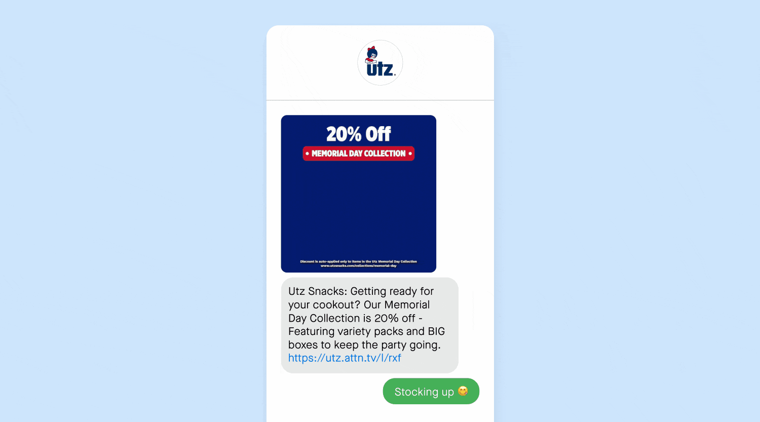 Memorial Day text message example from Utz Snacks