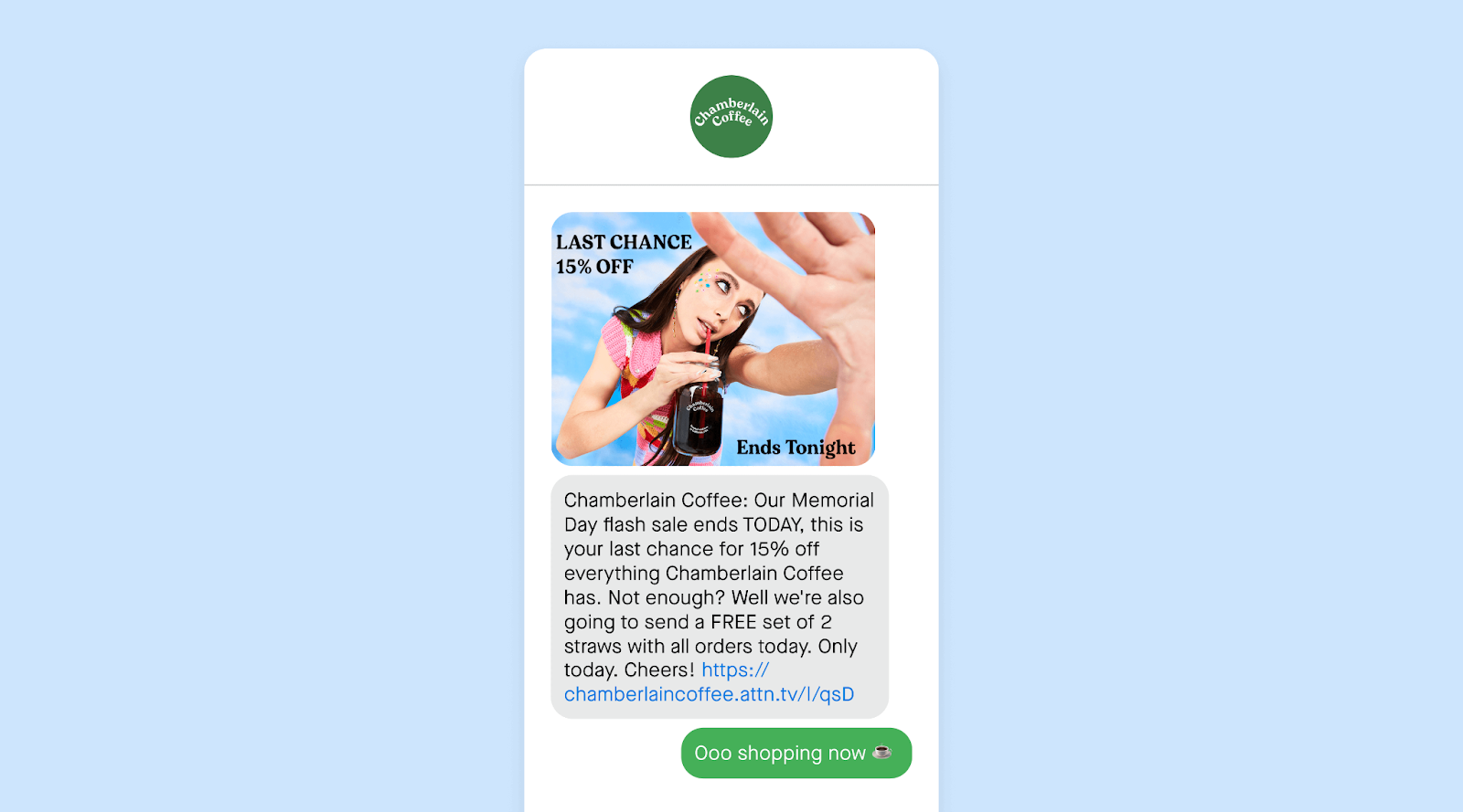 Memorial Day text message example from Chamberlain Coffee